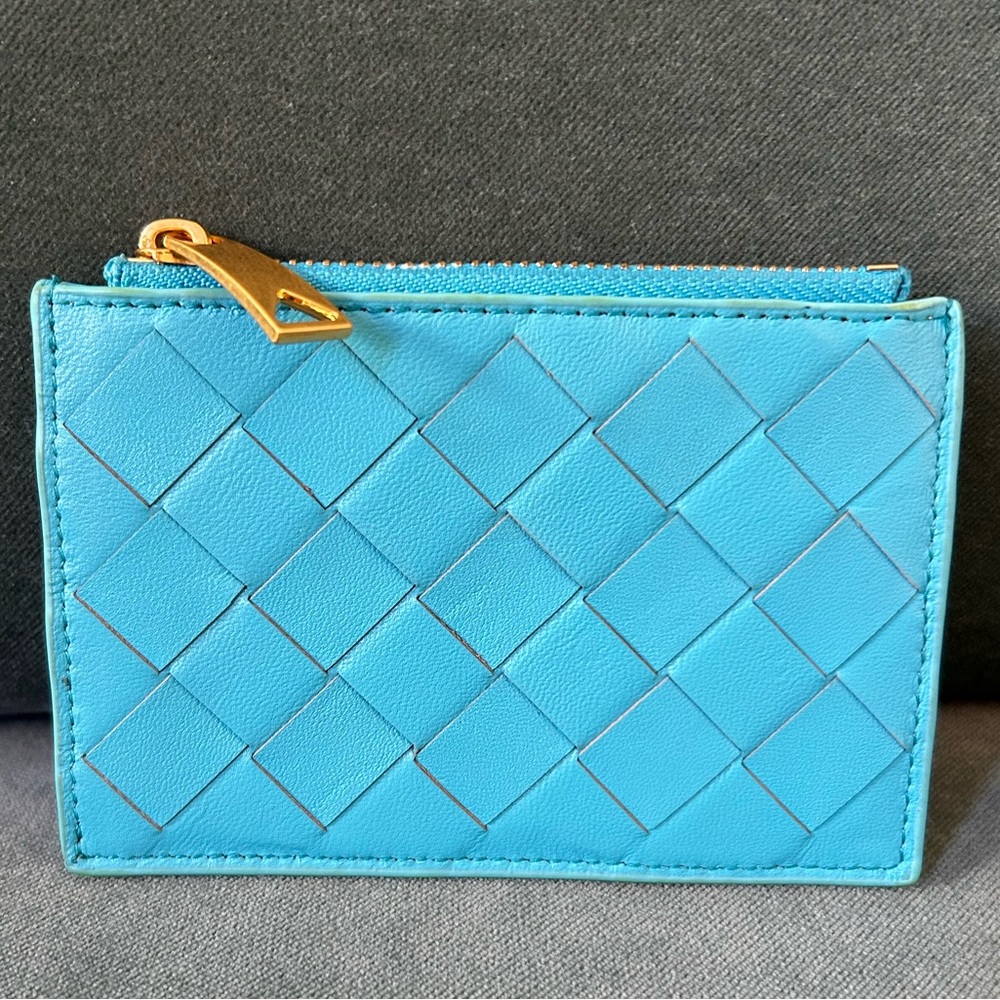 Intreccato Woven Leather Card Case Holder Wallet Turquoise Blue Bottega Style